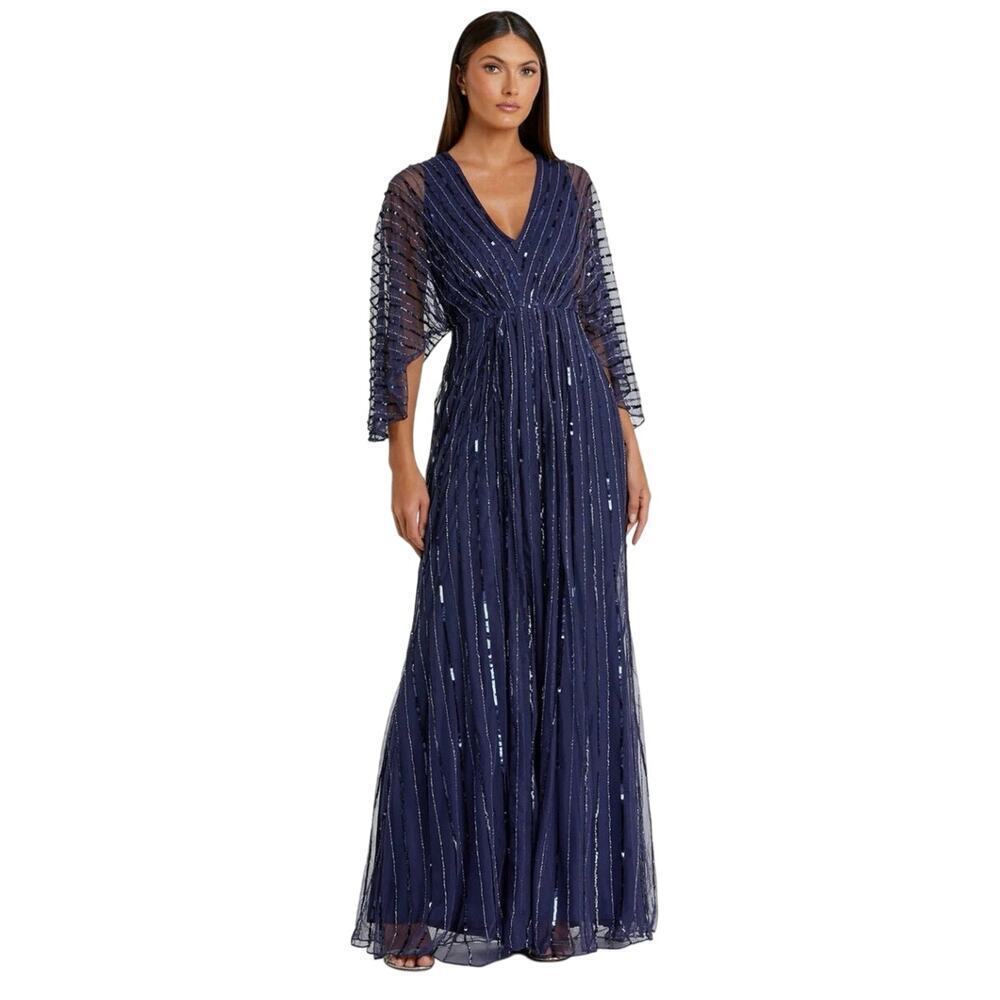 Mac Duggal Batwing Sleeve Embellished Gown Dress Stripe Navy Size 16 NWT